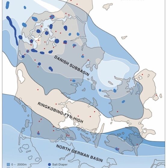This map of salt deposits in the Danish subsurface shows where salt diapirs can be found (dark black spots)